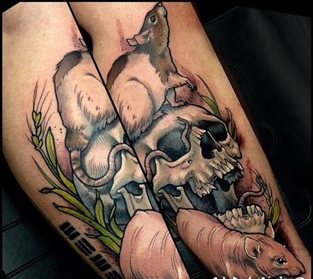 new school彩色骷髅与老鼠和蠕虫手臂纹身图案