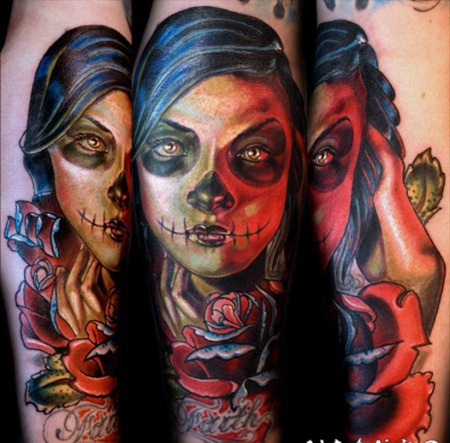 墨西哥传统女性肖像与鲜花彩色手臂纹身图案