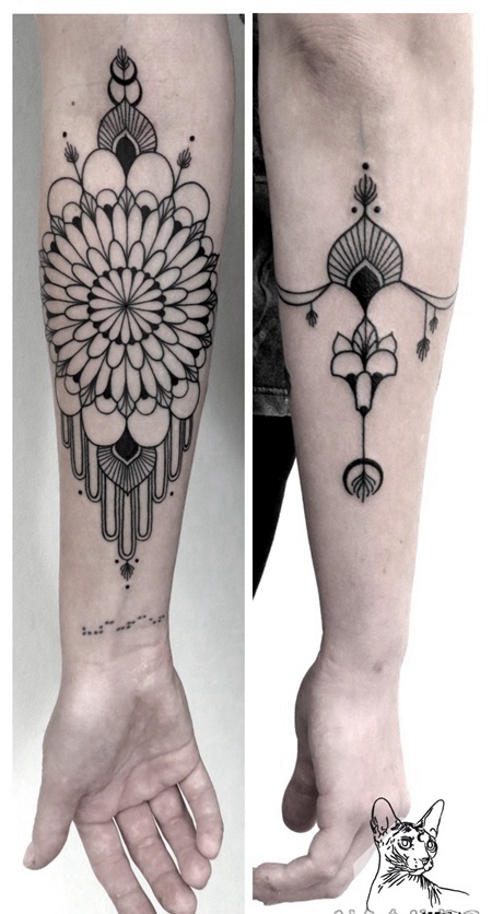 黑色装饰风格美丽的观赏花手臂图案