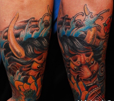 new school彩色日式般若与莲花手臂纹身图案