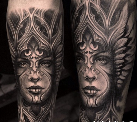 黑色的部落女性肖像手臂纹身图案