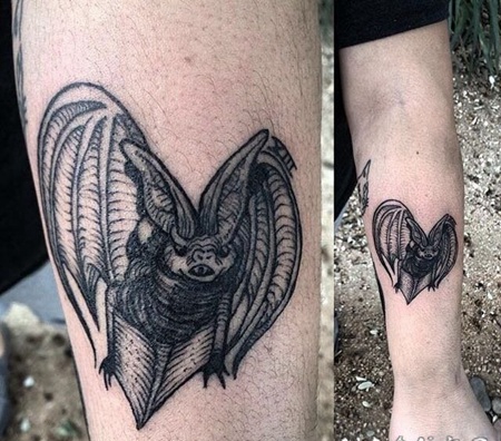雕刻风格黑色可爱的心形蝙蝠手臂纹身图案
