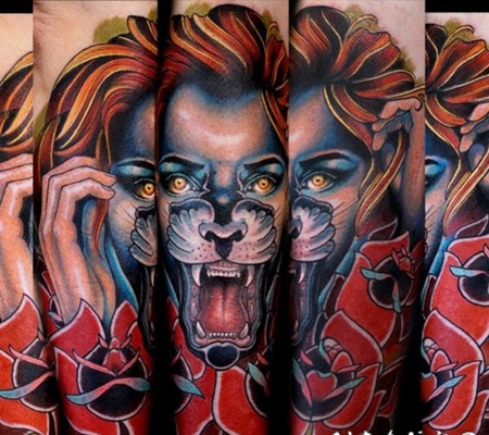 new school彩色女子与狮子脸和花卉手臂纹身图案