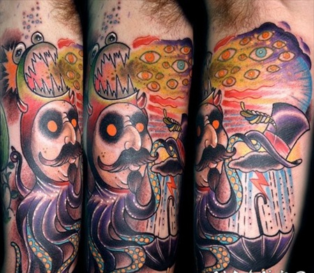 卡通风格的彩色邪恶章鱼奇怪手臂纹身图案