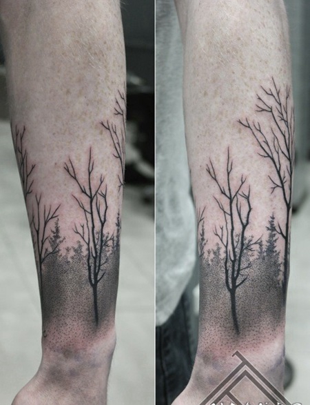 简单的黑暗森林与树干手臂纹身图案
