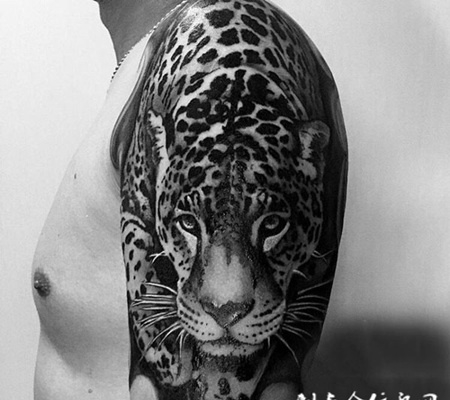 严阵以待，大臂写实风格豹子纹身