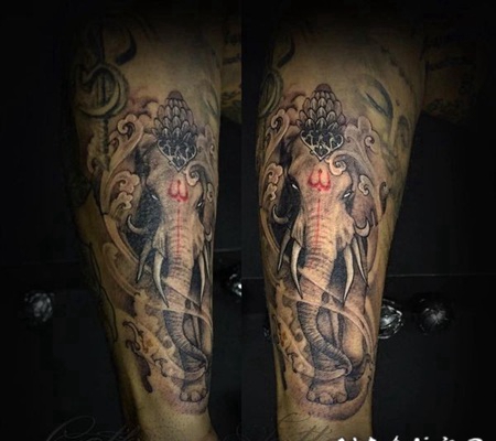 印度教主题的彩色写实象神手臂纹身图案