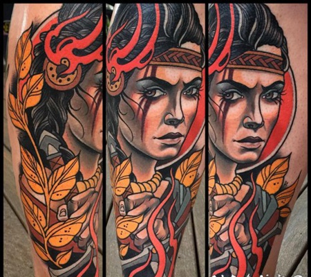 new school彩色印度女性与鲜花手臂纹身图案