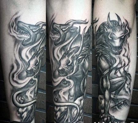 old school黑色邪恶动物和火焰手臂纹身图案