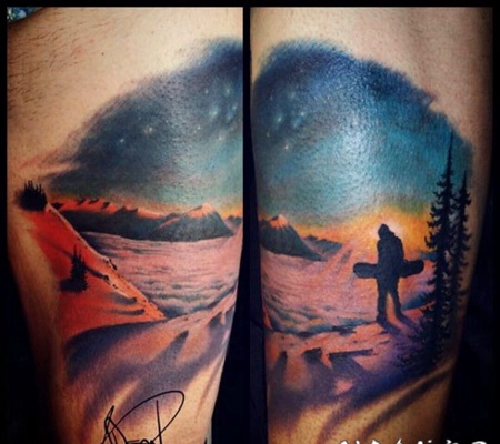 令人印象深刻的彩色滑雪人像手臂纹身图案