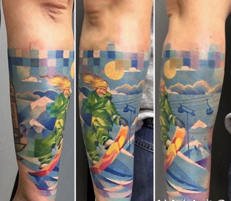 插画风格彩色太阳和滑雪运动手臂纹身图案