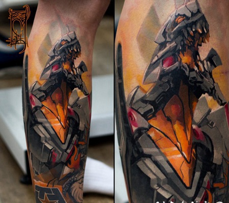 插画风格彩色邪恶机器人手臂纹身图案