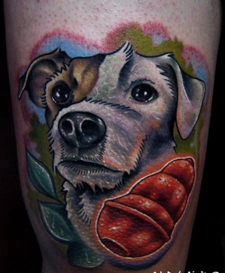 new school彩色可爱的狗与小玩具手臂纹身图案