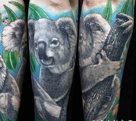 逼真的彩色考拉熊和树叶手臂纹身图案
