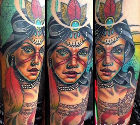 现代风格的美丽部落女性彩色手臂纹身图案