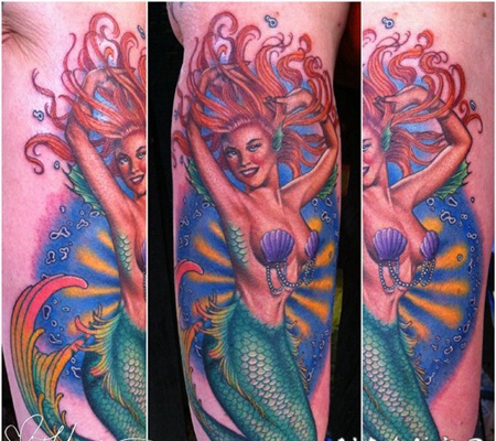 插画风格的性感美人鱼手臂纹身图案