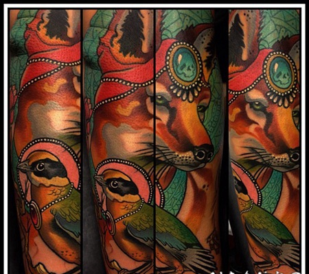 new school彩色狐狸与鸟类和珠宝手臂纹身图案