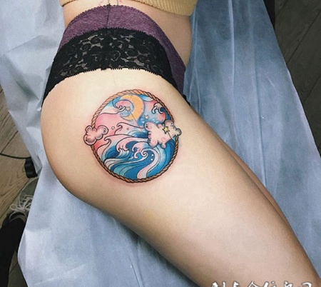 浪淘沙，大腿海浪彩绘纹身图案