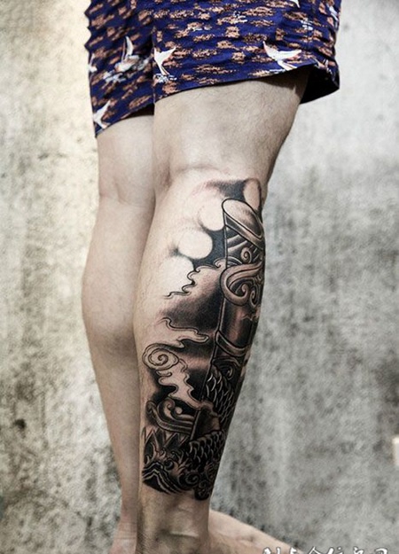 腿部如意金箍棒纹身图案