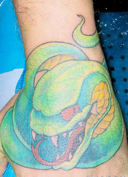 手背绿色的邪恶大蛇纹身图案