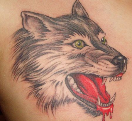 嘴里滴血的狼头纹身图案