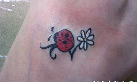 七星瓢虫和白色花朵脚踝纹身图案