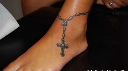 脚踝念珠十字架个性纹身图案