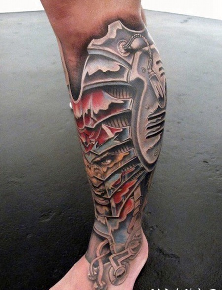 小腿可怕的彩色机械与邪恶男子肖像纹身图案