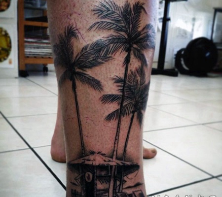 非常逼真的黑色棕榈树脚踝纹身图案