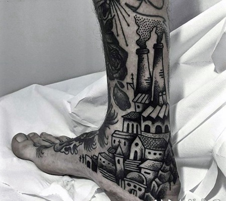 点刺风格工业建筑黑色脚踝纹身图案
