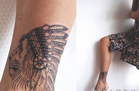 简单的黑色线条印度狮子脚踝纹身图案
