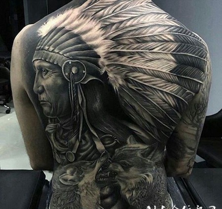 部落酋长，满背印第安酋长纹身图案