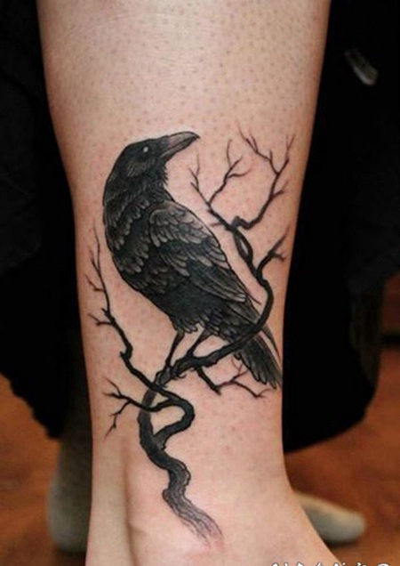 old school黑色的乌鸦和树枝脚踝纹身图案