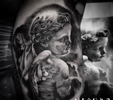 天国之梦，手臂黑灰写实天使纹身
