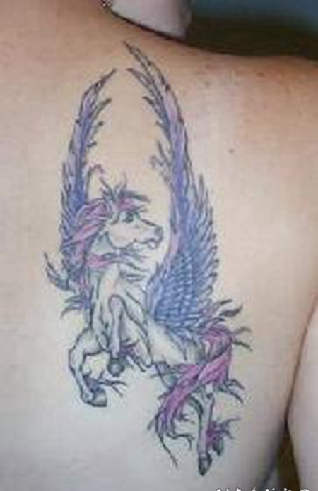 背部彩色的飞马纹身图案