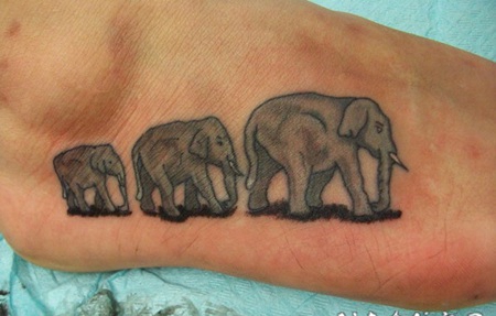 脚背美丽的动画大象家庭纹身图案