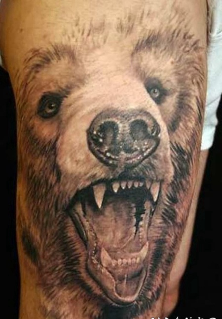 写实的棕色熊头大腿纹身图案