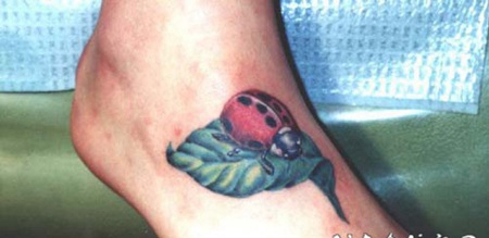 逼真的瓢虫和叶子彩色脚背纹身图案