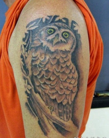 大臂上的猫头鹰纹身图案