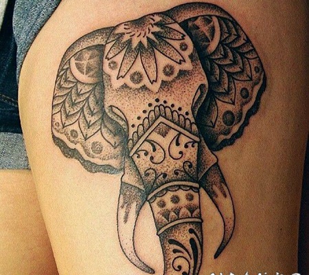 大腿点刺黑色大象头纹身图案
