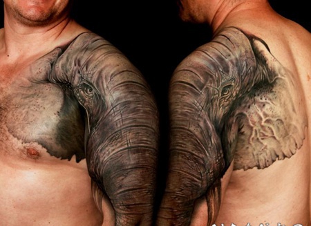 半甲精彩的逼真大象头纹身图案
