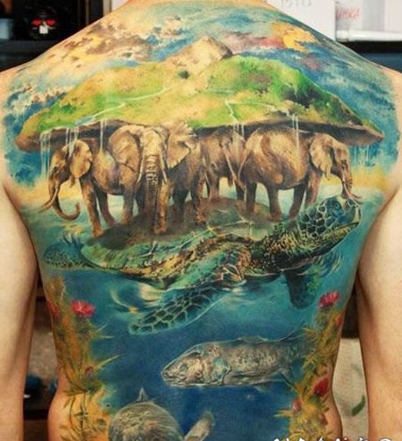 奇妙的大动物彩绘满背纹身图案