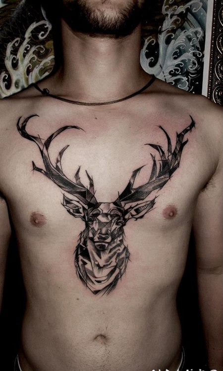 胸部新风格的黑色小鹿纹身图案