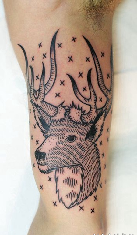 手臂黑色线条的鹿头纹身图案