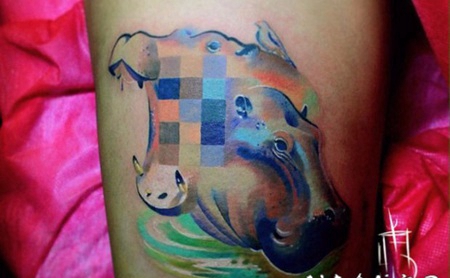 可爱的水彩河马和矩形纹身图案