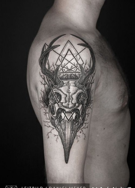 手臂神秘的点刺黑白动物头骨与符号纹身图案