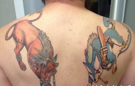 背部卡通风格彩色幻想动物战士纹身图案