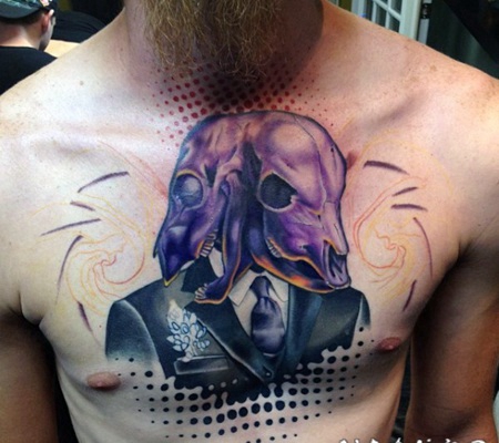 手臂神秘的彩色两个动物头骨纹身图案