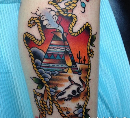old school五彩印度房子和动物头骨纹身图案