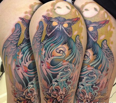 大腿old school恶魔猫头鹰与动物头骨纹身图案